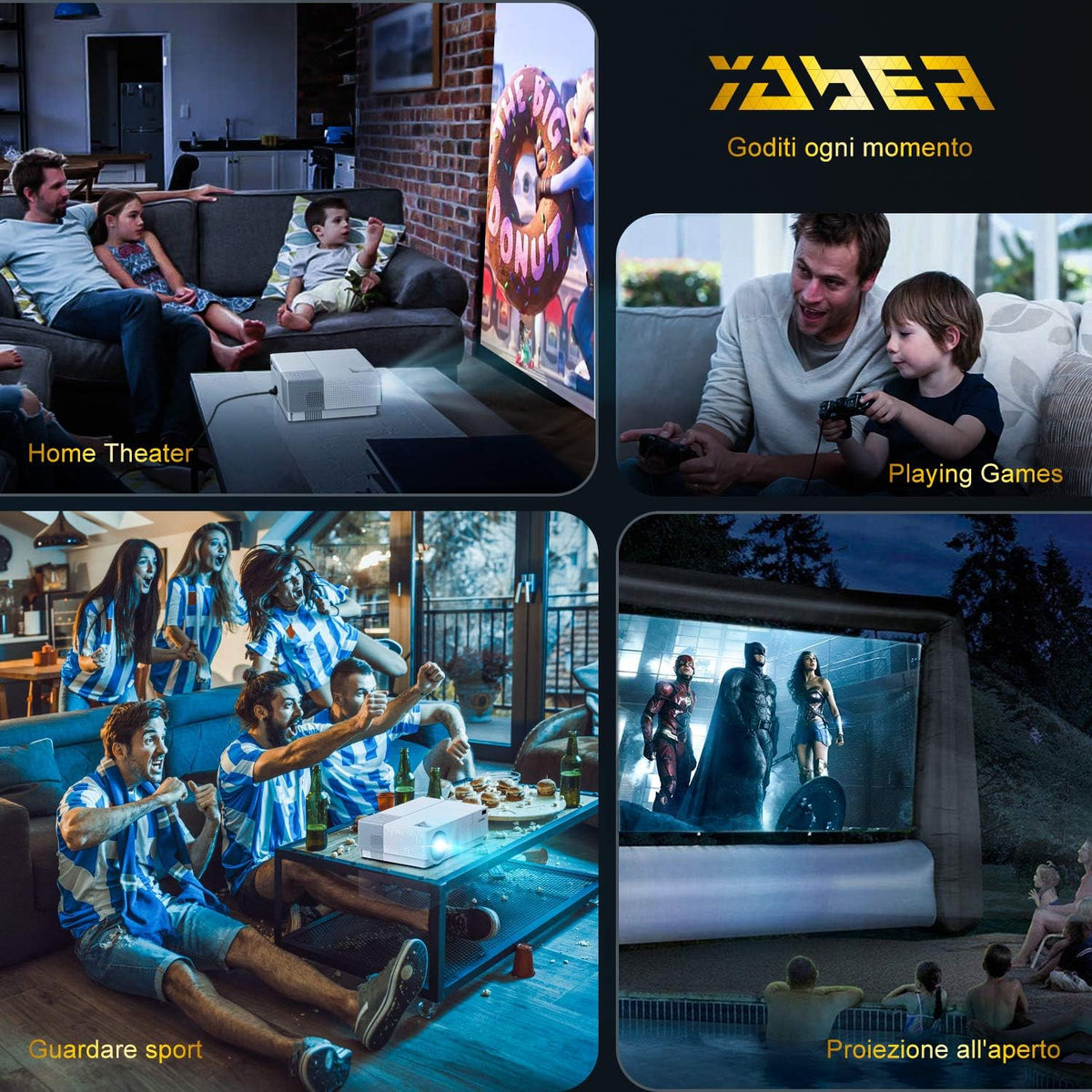 YABER Projector, 7200 lumen projector 1080p native (1920 x 1080) ± 50° trapeziumcorrectie led full HD 350 inch thuisprojector voor iPhone, smartphone, pc, tvbox, laptop, PS4
