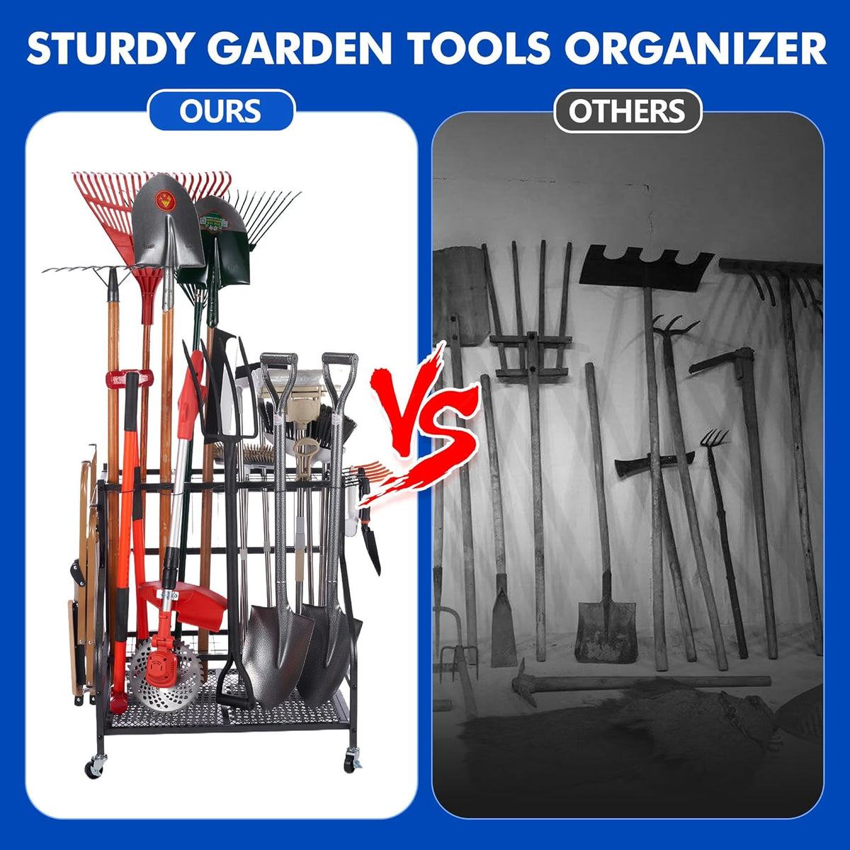 Tuingereedschap Opbergen - Gereedschapsorganizer - Tuingereedschapsrek - met Haken - Wielen - 3-tier Metalen Utility Planken - Opslag Houder - voor Gazon - Schuur - Garage - Tuin - 71 x 26.5 x 71.5 cm - Zwart
