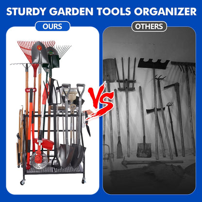 Tuingereedschap Opbergen - Gereedschapsorganizer - Tuingereedschapsrek - met Haken - Wielen - 3-tier Metalen Utility Planken - Opslag Houder - voor Gazon - Schuur - Garage - Tuin - 71 x 26.5 x 71.5 cm - Zwart