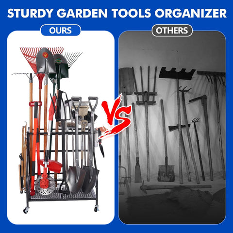 Tuingereedschap Opbergen - Gereedschapsorganizer - Tuingereedschapsrek - met Haken - Wielen - 3-tier Metalen Utility Planken - Opslag Houder - voor Gazon - Schuur - Garage - Tuin - 71 x 26.5 x 71.5 cm - Zwart