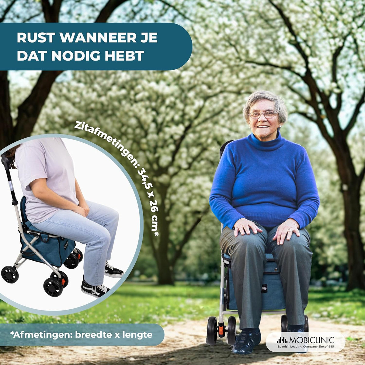 Mobiclinic®, Opvouwbare Rollator, Boodschappenkar met Zitting, Coliseum, Enkele Hendel, Staal, Grote Mand, Rugleuning en Vulling, Remsysteem, 360º Wielen