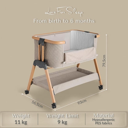 Love For Sleep SnooBee Next To Me bijzetbed & kinderbed, vrijstaand, 6 hoogteniveaus, wielen, matras, zijkanten van ademend mesh met muggennet, opvouwbaar met tas (0-6 maanden), kaki / grenen
