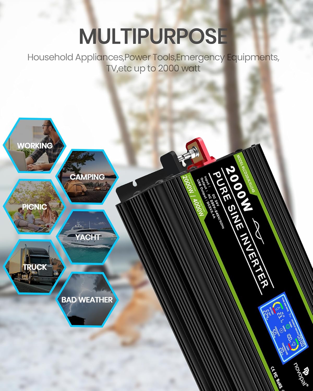 Novopal Pure Sinus Omvormer 2000W 24V naar 230V 240V Auto Converter Omvormer met LCD Display 2AC Outlets En USB Port-Afstandsbediening voor campers, Vrachtwagen, Boot, camping, huishouden, Van