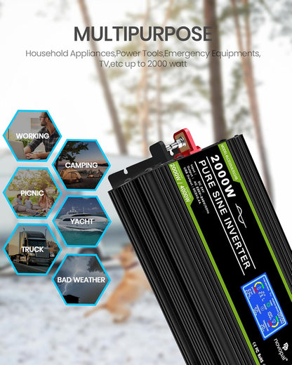 Novopal Pure Sinus Omvormer 2000W 24V naar 230V 240V Auto Converter Omvormer met LCD Display 2AC Outlets En USB Port-Afstandsbediening voor campers, Vrachtwagen, Boot, camping, huishouden, Van
