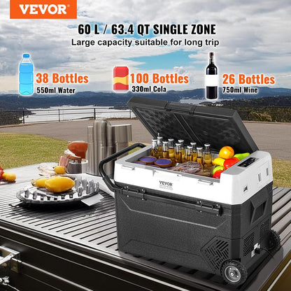VEVOR Koelkastkoelkast van 12 volt, 60 liter (63,4 qt) draagbare vriezer met één zone, -40 ° F instelbare temperatuur, compressorkoeler voor thuis, buiten, camping, camper, auto, zwart