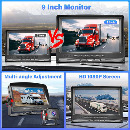 Hikity Achteruitrijcamera, set van 2 camera's, 9 inch lcd-monitor, groothoek, nachtzicht, IP69 waterdicht, 1080p backup camera, 32G SD-kaart voor vrachtwagen, aanhanger, bus, bestelwagen, landbouw,