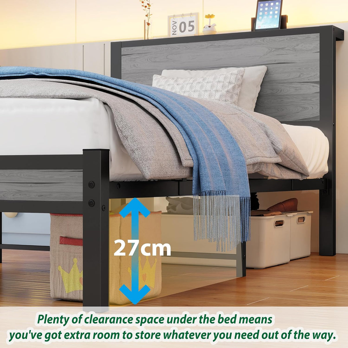 DUMEE Eenpersoonsbedframe met opslag houten hoofdeinde, 3FT metalen bedframe eenpersoonsbedbasis/matrasstichting, verbeterde ondersteuning geluidsvrij, getextureerd zwart+grijs eiken