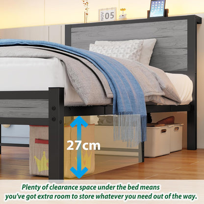 DUMEE Eenpersoonsbedframe met opslag houten hoofdeinde, 3FT metalen bedframe eenpersoonsbedbasis/matrasstichting, verbeterde ondersteuning geluidsvrij, getextureerd zwart+grijs eiken