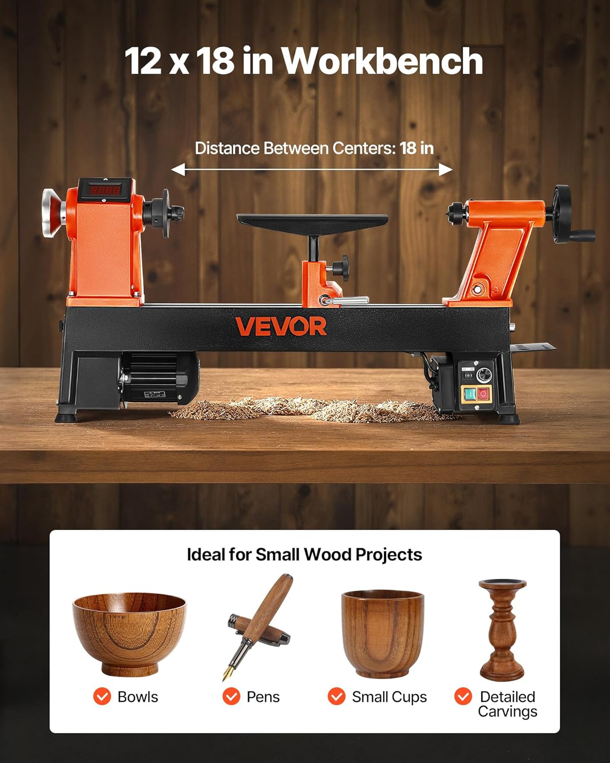 VEVOR Lathe 1 PS/750 W, Variable Speed Lathe from 0 to 3800 rpm, Lathe 304 x 465 mm Workbench Lathe for Beginners and DIY Woodworking