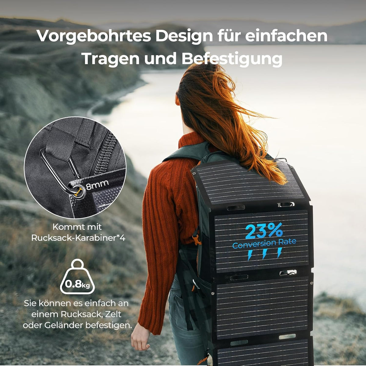 BougeRV 50 W ETFT opvouwbaar zonnepaneel, glasvezel 270 graden, 0,8 kg, zonnepaneel met DC/USB-C/USB-A-uitgangen, draagbaar zonnepaneel met karabijnhaak, compatibel met mobiele telefoon, tablet, klein