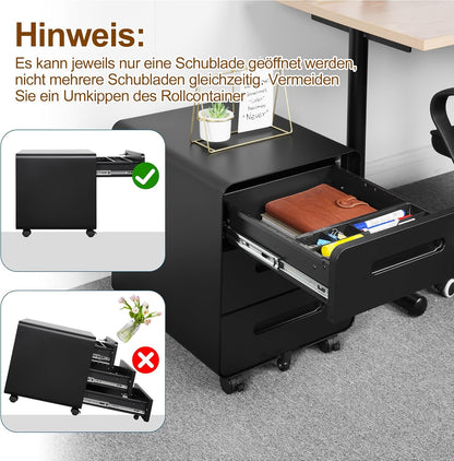 Rollcontainer, mobiele archiefkast, afgeronde hoek, 3 laden, 40 x 46 x 48,6 cm, zwart OFC033B01HI
