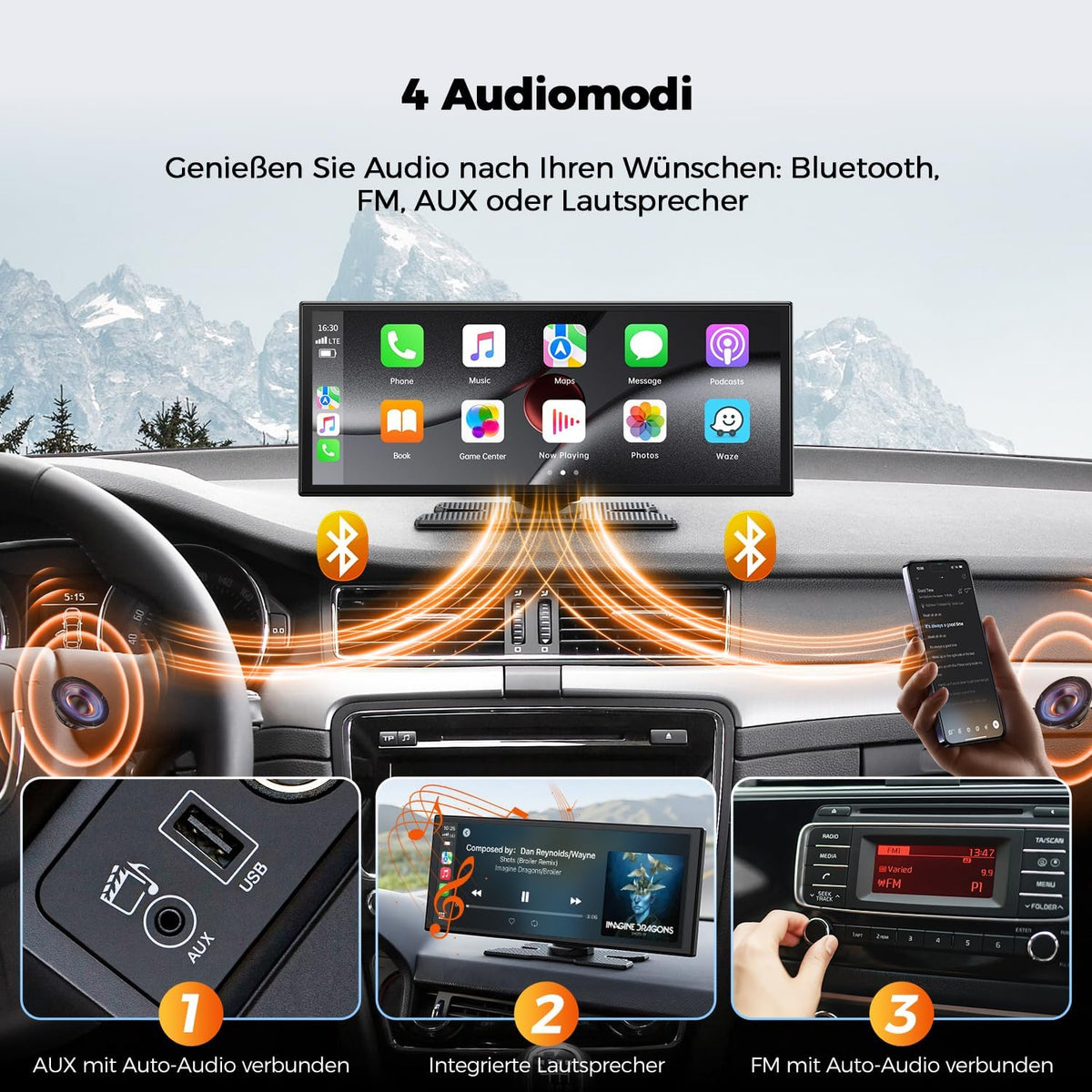 10,25" Draadloos Carplay-scherm Voor Auto Met 2,5K + 1080P Dashcam En Achteruitrijcamera Ondersteunt AppIe Carplay En Android Auto Draagbare Carplay Spraakassistent Mirrorlink Navigatie Bluetooth AUX