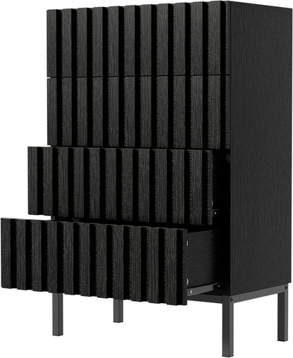 Ladekast – Smalle Ladekast – Opbergkast – Dressoir – Kast Met Lades – 4 Ruime Lades – MDF Metalen Poten – 60x34,5x92 cm – Zwart – Kras- En Vochtbestendig