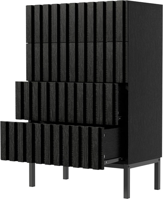 Ladekast – Smalle Ladekast – Opbergkast – Dressoir – Kast Met Lades – 4 Ruime Lades – MDF Metalen Poten – 60x34,5x92 cm – Zwart – Kras- En Vochtbestendig