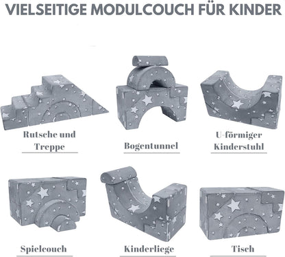 MeMoreCool Modulaire kinderbank van schuimrubber, uitklapbaar kinderkamermeubel met zit- en ligfunctie, zachte mini-bank met afneembare overtrek