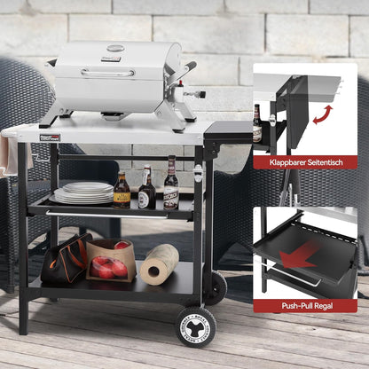 Royal Gourmet Outdoor grilltafel, 3 etages, serveerwagen met 70 x 50 cm roestvrij stalen tafelblad en 30 x 50 cm inklapbaar zijplank, bijzettafel, barbecuetafel, tuintrolley met push-pull-rek