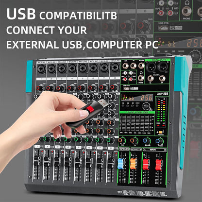 Professionele 8-Kanaals Audiomixer – Geluidsmixer – Mengpaneel – Mengtafel – DJ-Mixer – 259 DSP-Effecten – Bluetooth En USB-Speler