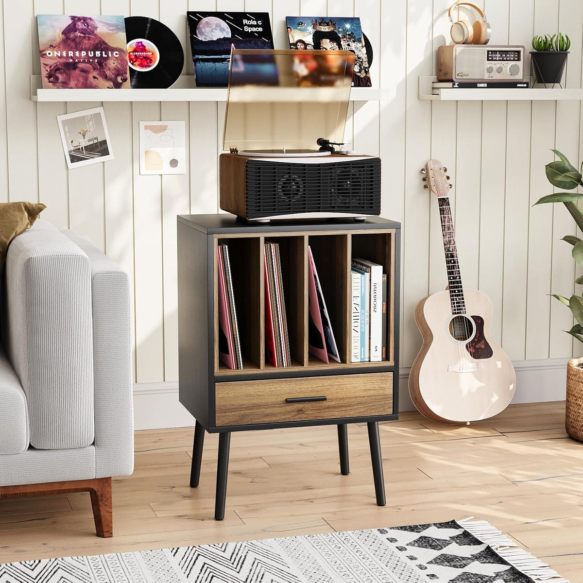 Semiocthome Platenspelerstandaard met opbergkist van vinyl voor maximaal 160 albums, platenspelertafel met lade en massief houten poten, bijzettafel voor draaitafels voor woonkamer slaapkamer