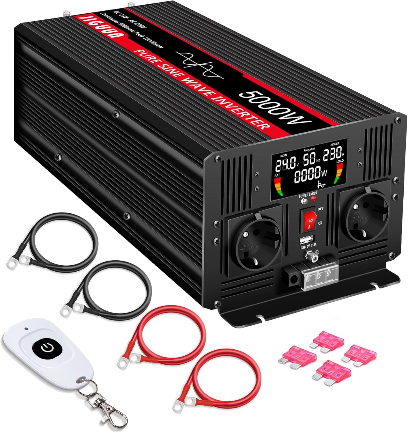 JIGUUN 5000W omvormer 24V naar 230V zuivere sinus power inverter met draadloze afstandsbediening LCD-scherm 2 Eu-stopcontact & 1 USB-poort Piekvermogen 10000W voor auto, camping, reizen,noodgeval