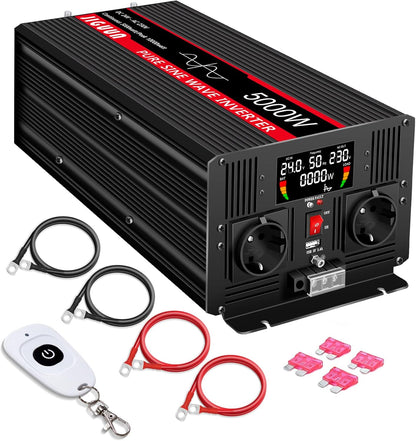 JIGUUN 5000W omvormer 24V naar 230V zuivere sinus power inverter met draadloze afstandsbediening LCD-scherm 2 Eu-stopcontact & 1 USB-poort Piekvermogen 10000W voor auto, camping, reizen,noodgeval