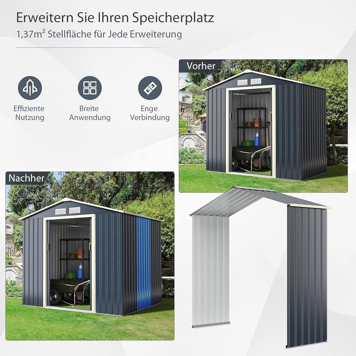 FANTASK Uitbreidingsbox, gereedschapsschuur van metaal, 213 x 64 x 195 cm, afsluitbaar, tuinhuis met 4 ventilatiesleuven en schuifdeur, metalen schuur, outdoor