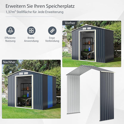 FANTASK Uitbreidingsbox, gereedschapsschuur van metaal, 213 x 64 x 195 cm, afsluitbaar, tuinhuis met 4 ventilatiesleuven en schuifdeur, metalen schuur, outdoor