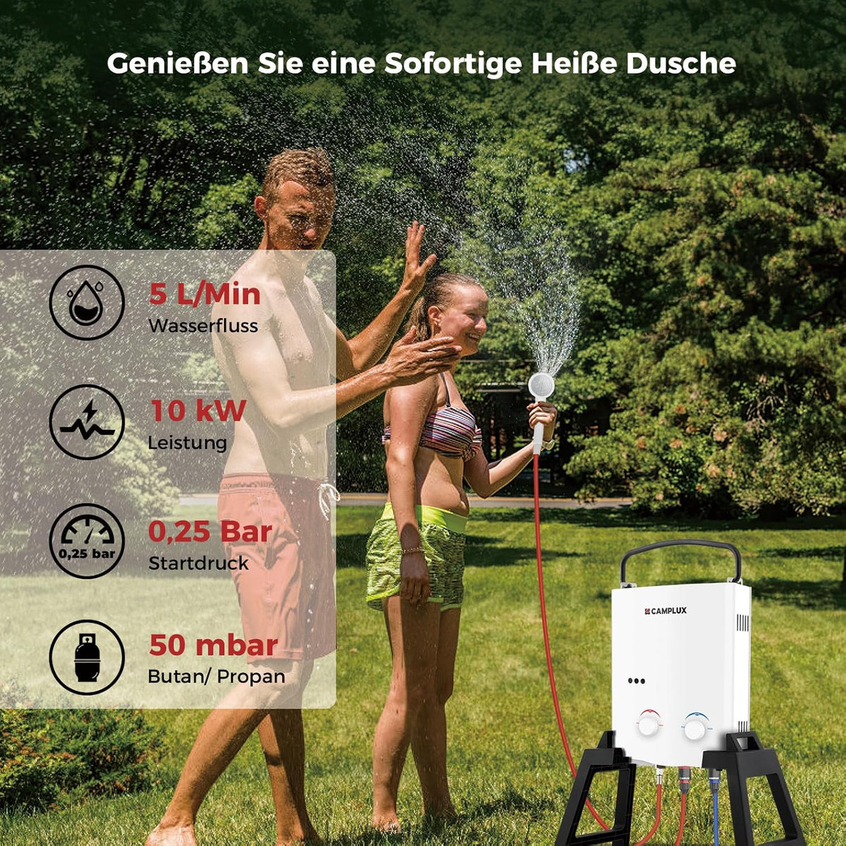 CAMPLUX AY132Max-DE Gasdoorstroomboiler, 5 liter, met steun en waterpomp, LPG, 50 mbar, voor campingdouche/camperuitstapjes, met draagtas