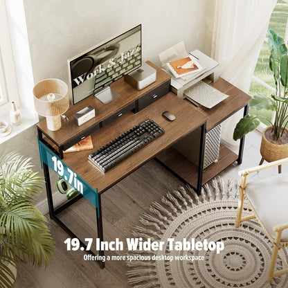 WOHOMO 47 inch computerbureau met printerplank, gamingbureau met monitorstandaard en laden, omkeerbaar thuiskantoor bureau met opbergplanken en 3 haken, thuiswerkstation voor studie schrijven, walnoot