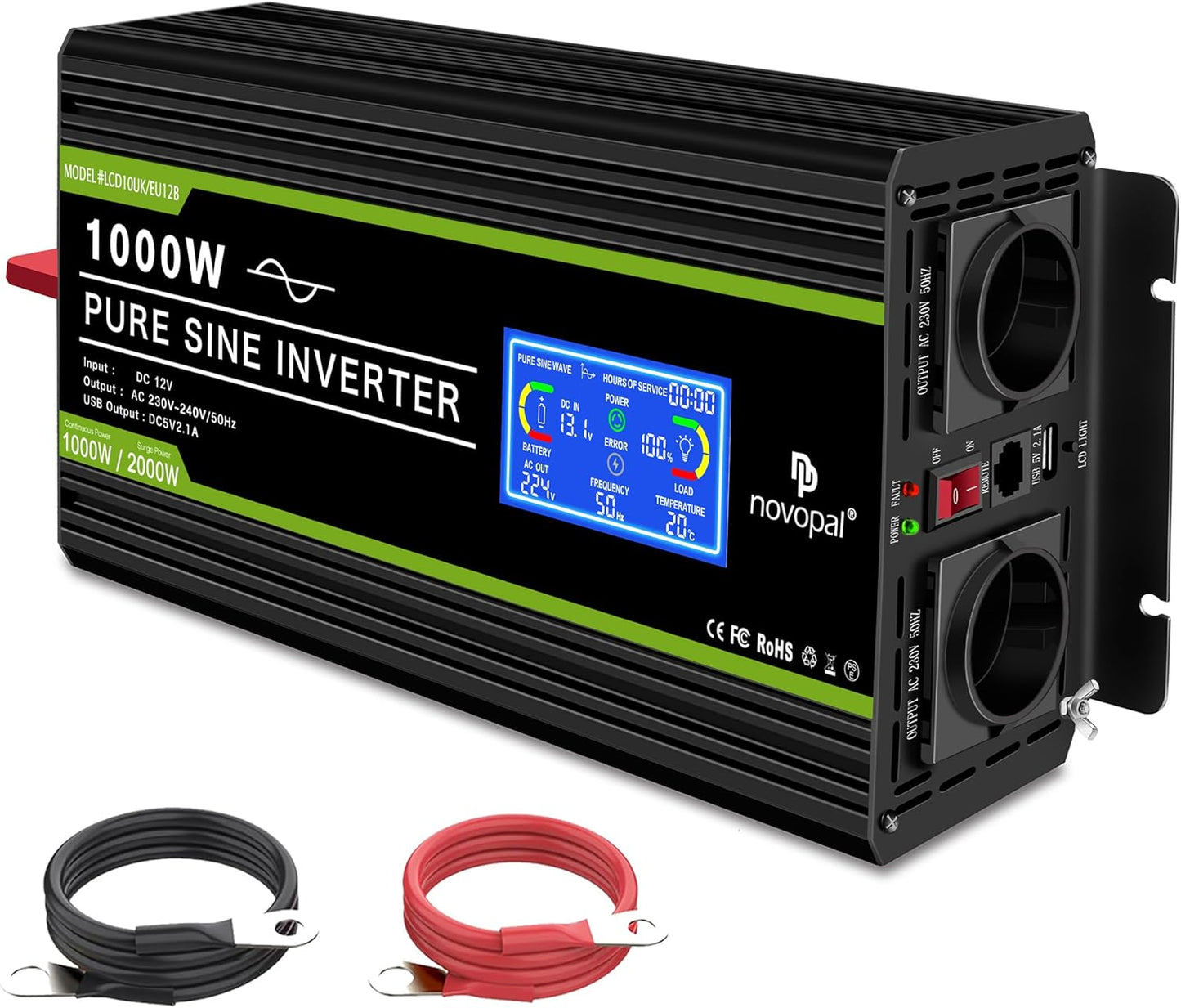 novopal Pure Onda Omvormer, 12 V naar 220 V, met lcd-display, 2 AC-uitgangen en afstandsbediening van de USB-aansluiting, voor camper, vrachtwagen, boot, camping, thuis (LCD 1000W 12V)