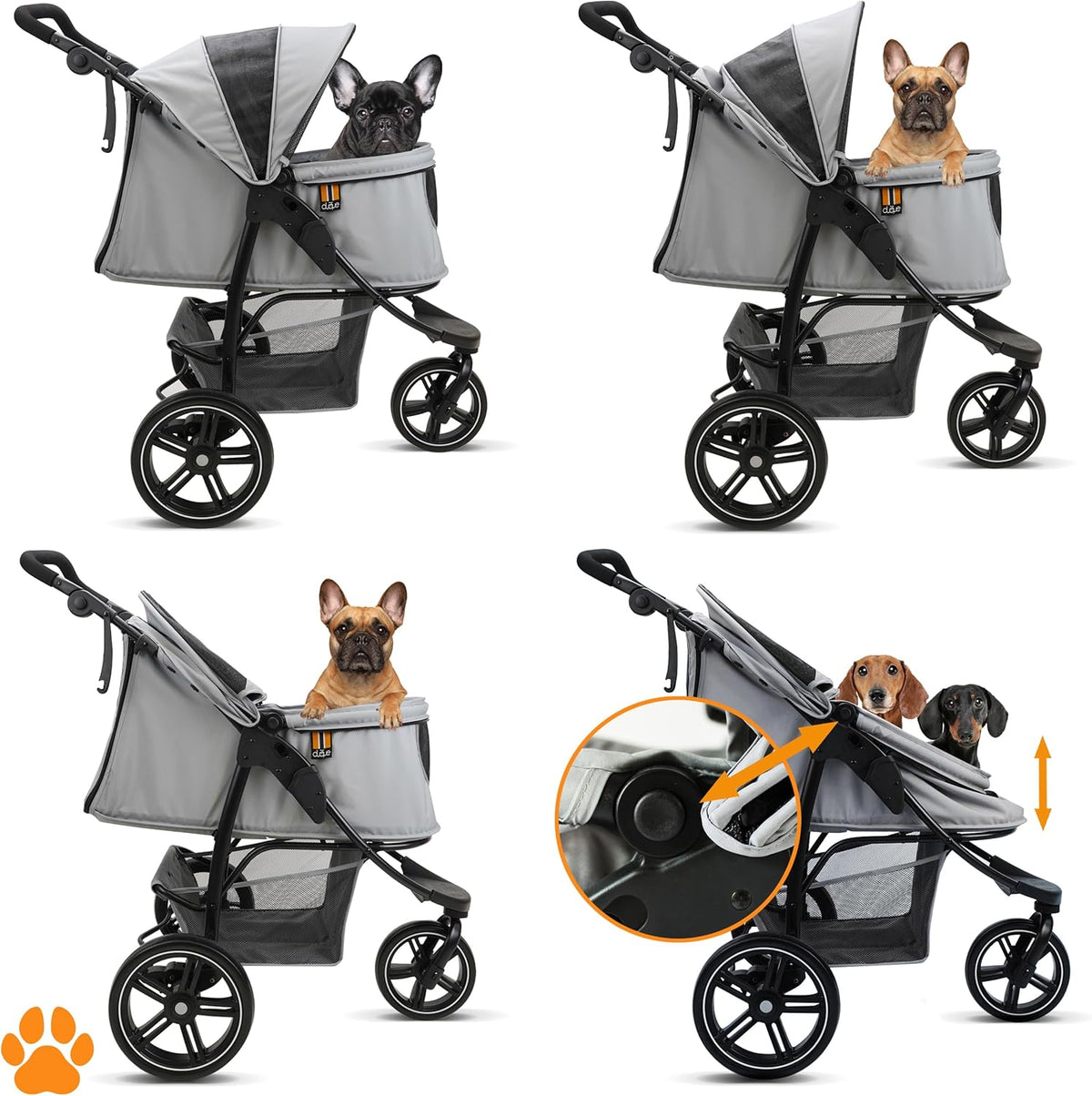 COOPER Hondenwagen en huisdierbuggy tot 32 kg, met opbergmand voor boodschappen, eenvoudig opvouwbaar, 3-voudig in hoogte verstelbaar, reflecterend en modern design, grijs