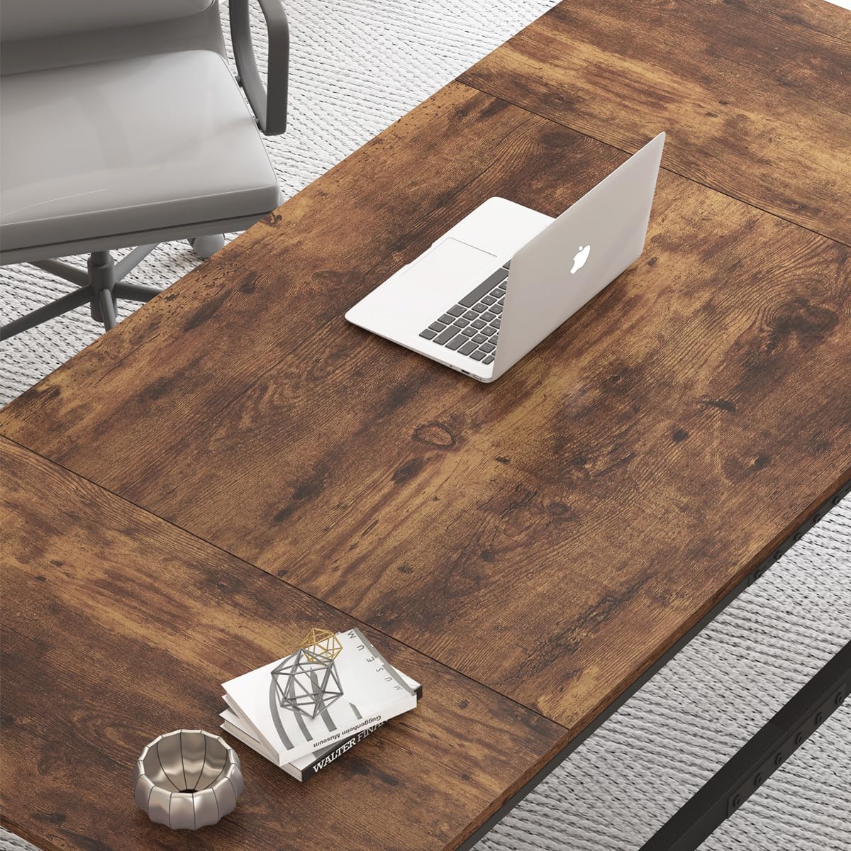 IBF Bureau in bruin-bruine kleur met een lengte van 70 inch, industrieel groot dubbel bureau van metaal en hout voor computer, lange bureautafel voor thuis 180 cm