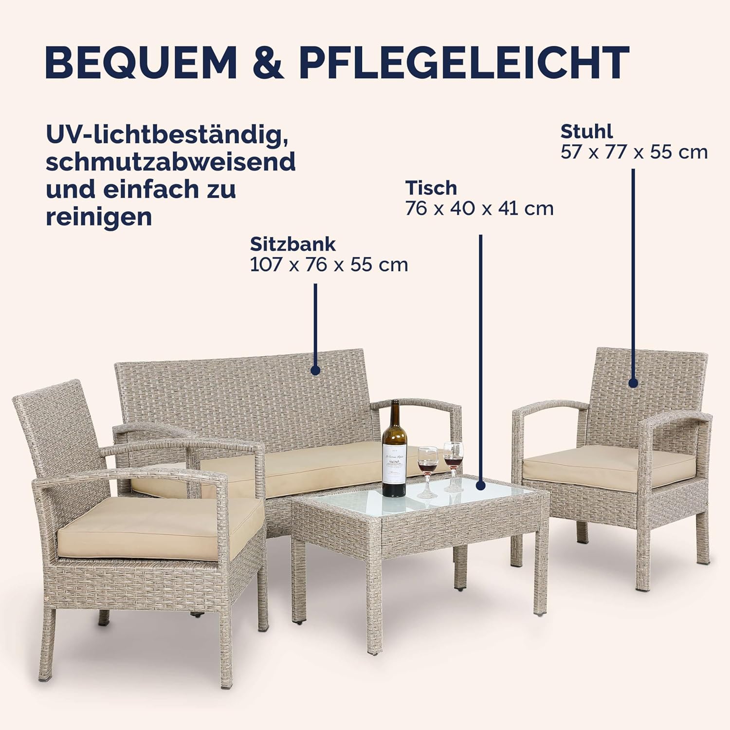 CASARIA® Garden furniture set weatherproof 4 people outdoor incl. cushions polyrattan 2 armchairs garden bench table garden terrace balcony furniture lounge cream - QUORE