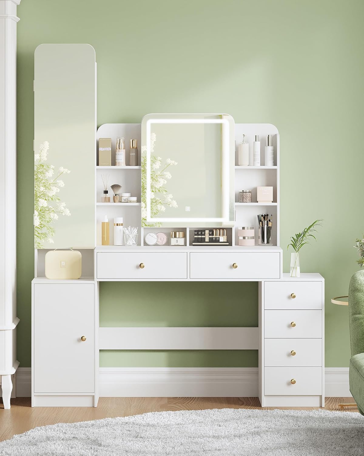 Hzuaneri Large Dressing Table with Lighting, Dressing Table with Makeup Mirror and Jewellery Cabinet, with 8 Open Spaces, 6 Drawers, 1 Storage Cabinet White DT41803XEU