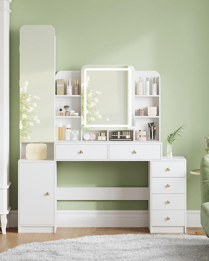 Hzuaneri Large Dressing Table with Lighting, Dressing Table with Makeup Mirror and Jewellery Cabinet, with 8 Open Spaces, 6 Drawers, 1 Storage Cabinet White DT41803XEU