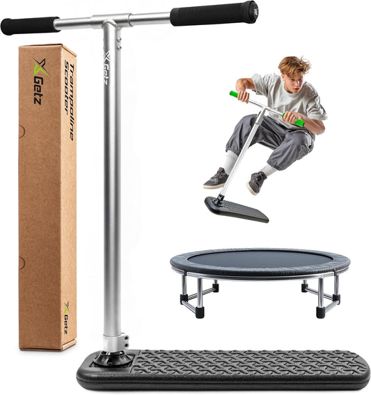 PRO Trampoline stuntstep voor kinderen en volwassenen, veilig oefenen trucs binnen en buiten - lichtgewicht en duurzame freestyle scooter zonder wielen - verstelbaar stuur - zilver
