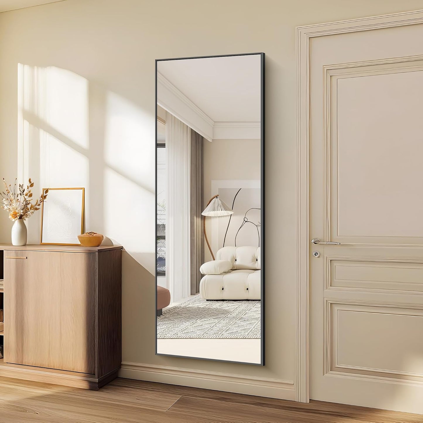 WOLIBEER Volledige spiegel, 165 x 60 cm, wand- en staande spiegel met aluminium frame, zwart, rechthoekige full-body spiegel voor hal, fitness, slaapkamer