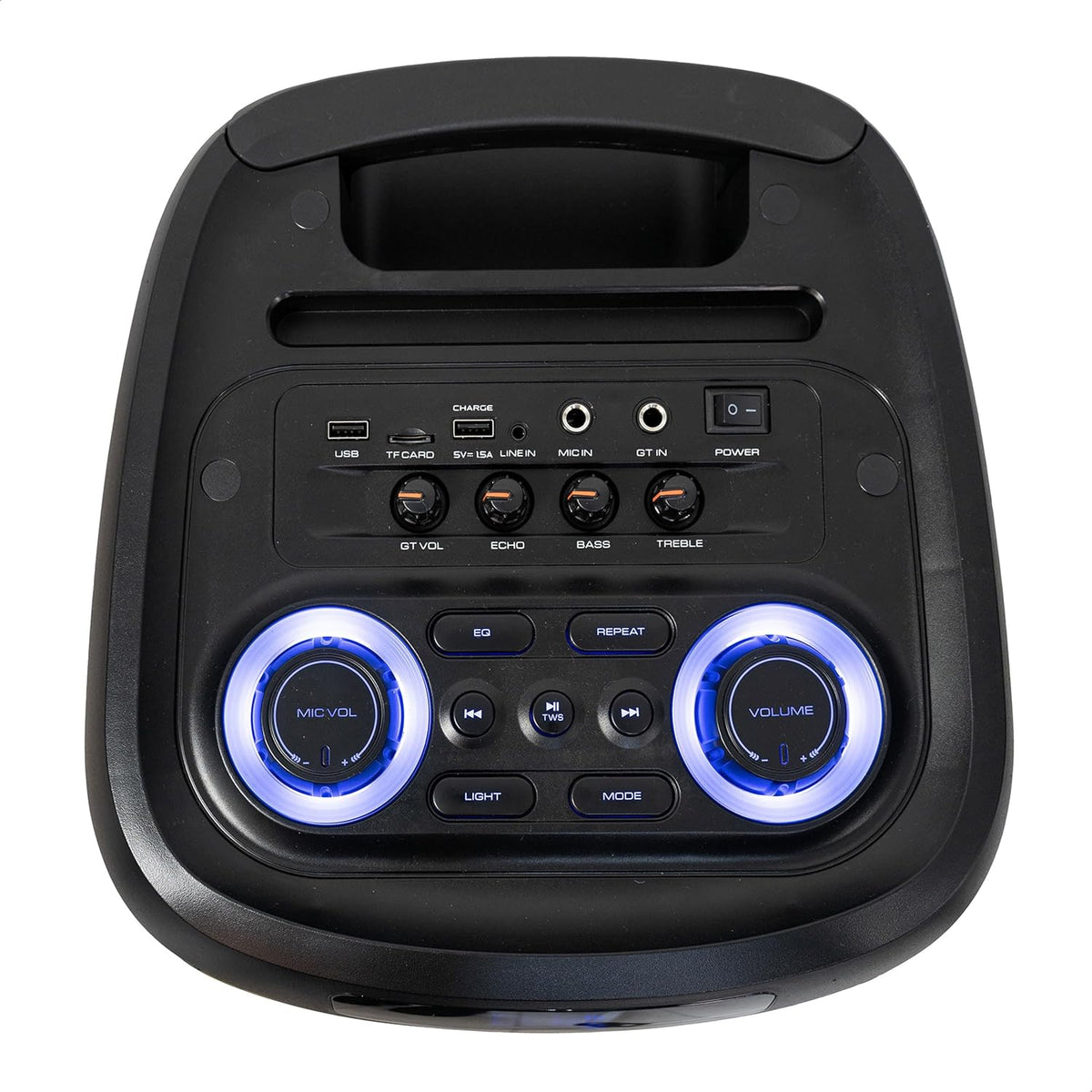 Mooving Sound - MS-MAGICSOUND1000-2x10"/1000W batterij gevoede luidspreker met lichteffect aan de voorzijde en 2 draadloze microfoons - Bluetooth/USB/AUX/MicroSD en TWS - Zwart