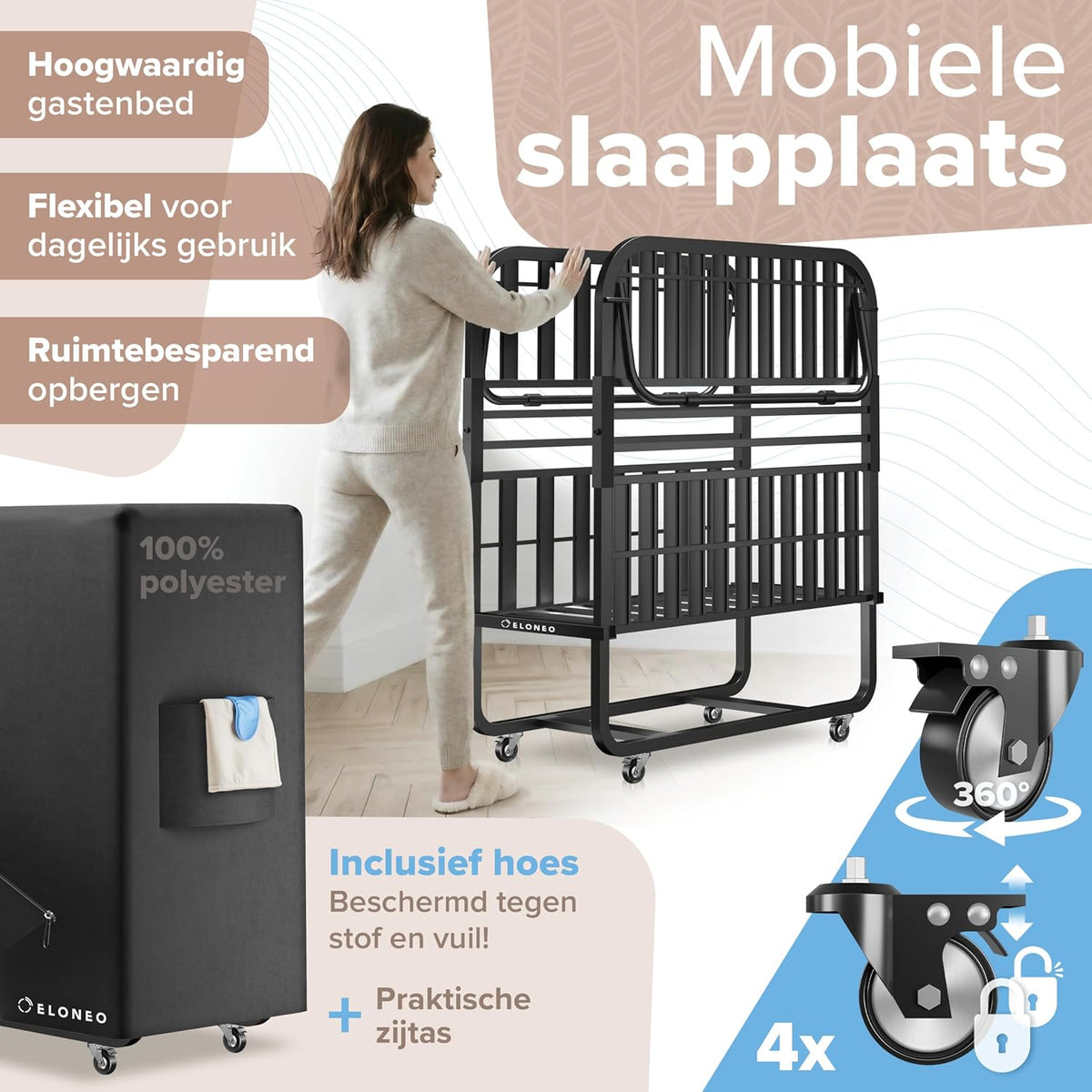 ELONEO Opklapbed 80x200 cm | Opvouwbaar logeerbed, belastbaar tot 250 kg | Opvouwbaar reisbed | Transportwielen | Beschermhoes