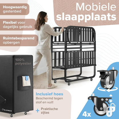 ELONEO Opklapbed 80x200 cm | Opvouwbaar logeerbed, belastbaar tot 250 kg | Opvouwbaar reisbed | Transportwielen | Beschermhoes