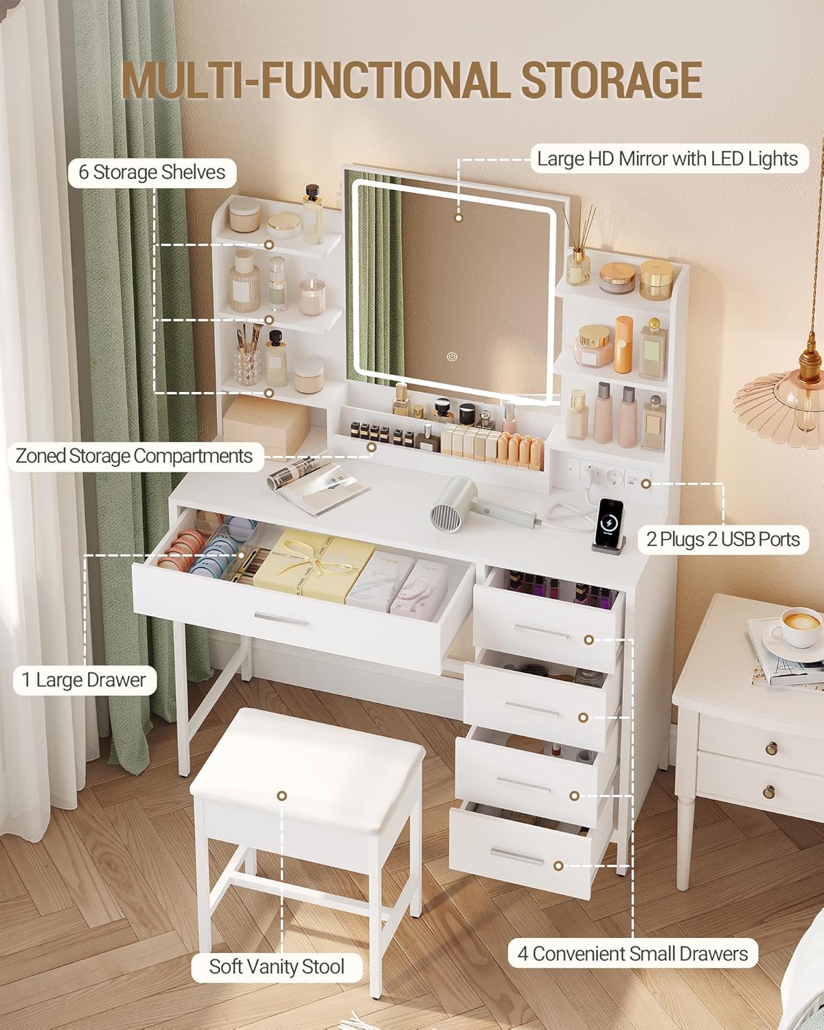 Hzuaneri Dressing Table, Soft Stool, HD Mirror and Adjustable Led Lights, Socket and Usb, 5 Drawers, Open Storage Compartment, White DT35103W