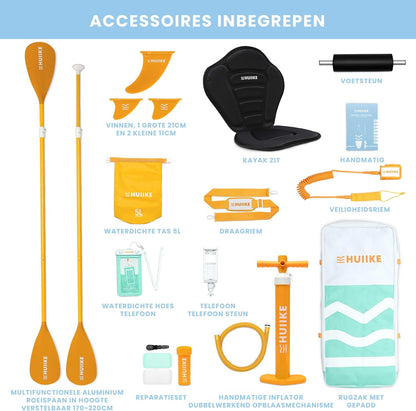 HUIIKE Opblaasbaar surfboard met accessoires, peddel, bronnen, opblaasbaar, stand-up paddleboard, hoge stabiliteit en weerstand, 305 x 84 x 15 cm, belastbaar tot 130 kg