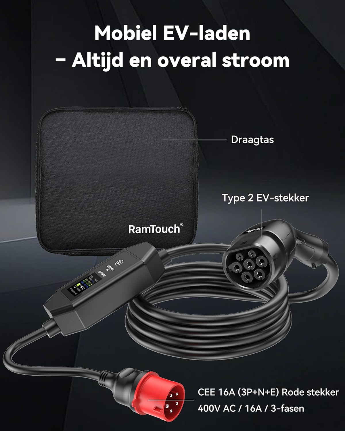 Laadkabel Type 2 – EV-laadkabel – Oplaadkabel Elektrische Auto – Mobiele Lader – Thuislader – 11 kW 3-fase – Instelbare Stroom 6A-16A Met Timer & Vertraging