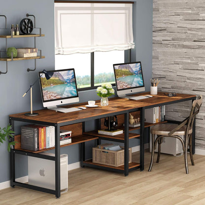 Tribesigns Double Desk with Bookshelf, 78.7 Computer Office Double Desk for Two People, Rustic Writing Desk Workstation with Shelf for Home Office (Brown)
