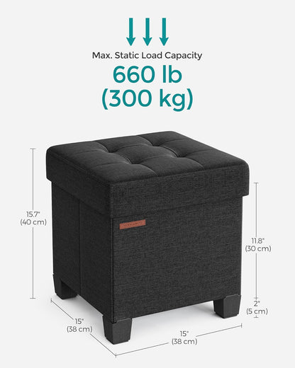Kussenbox - Kruk - Bank - Opbergbox - Opbergruimte - 32 cm x 40 cm x 33,5 cm - Zwart - QUORE