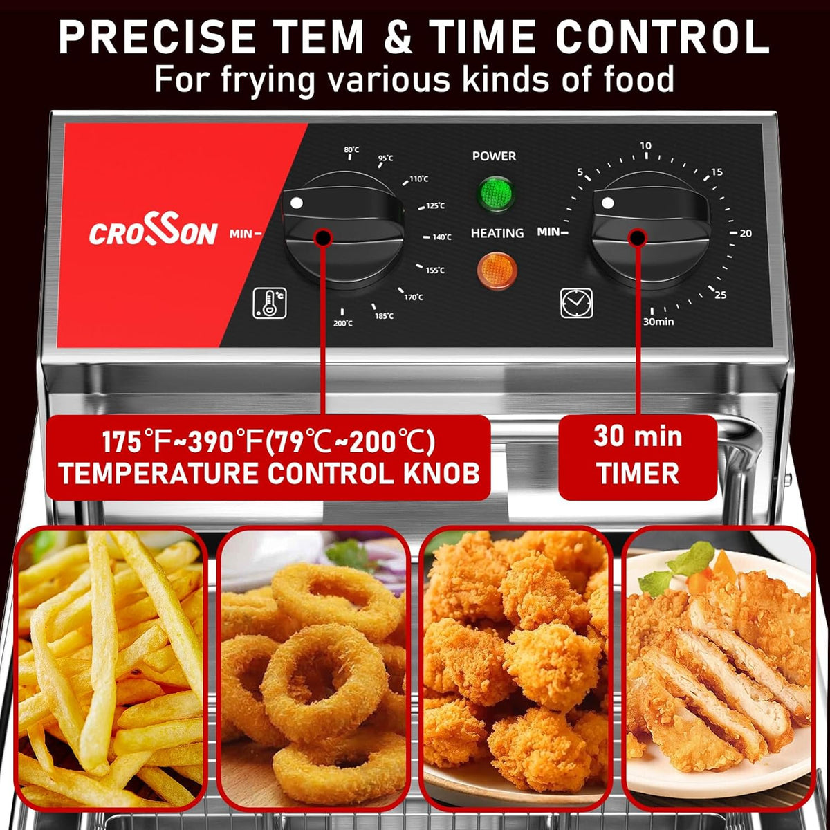CROSSON Elektrische opzetfriteuse met gemakkelijk te reinigen roterende friteuse kop, timer 30 minuten, afneembare olietank 304 SS met handvat (6 l enkele tank)