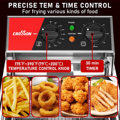 CROSSON Elektrische opzetfriteuse met gemakkelijk te reinigen roterende friteuse kop, timer 30 minuten, afneembare olietank 304 SS met handvat (6 l enkele tank)