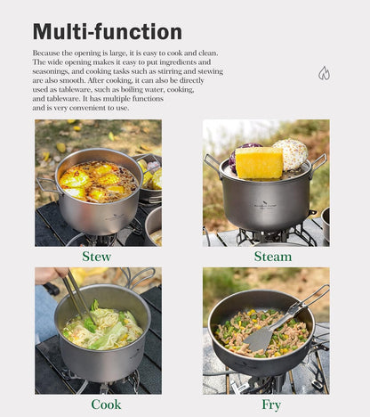 iBasingo Camping Kookpot Set 1.2L & 1.8L & 2.4L Outdoor Titanium Kookgerei Saus Pot Solo Hot Pot Lichtgewicht Draagbare Reizen Steelpan Koken Kit Backpacken Apparatuur Ti2109C
