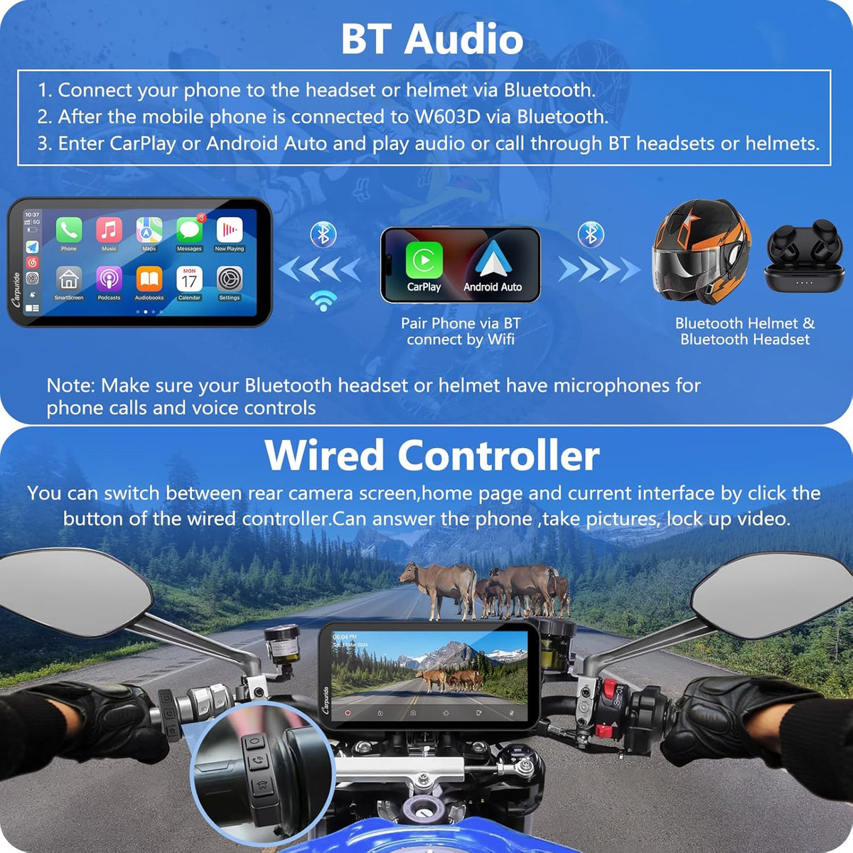 Motorfiets Display – Motorfiets Navigatie – Motorfiets Scherm – Motorfiets Autoradio – Draadloos CarPlay & Android Auto – 6,3-inch HD IPS Touchscreen – Dubbele 1080P Dashcam Voor & Achter