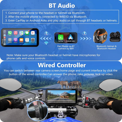 Motorfiets Display – Motorfiets Navigatie – Motorfiets Scherm – Motorfiets Autoradio – Draadloos CarPlay & Android Auto – 6,3-inch HD IPS Touchscreen – Dubbele 1080P Dashcam Voor & Achter