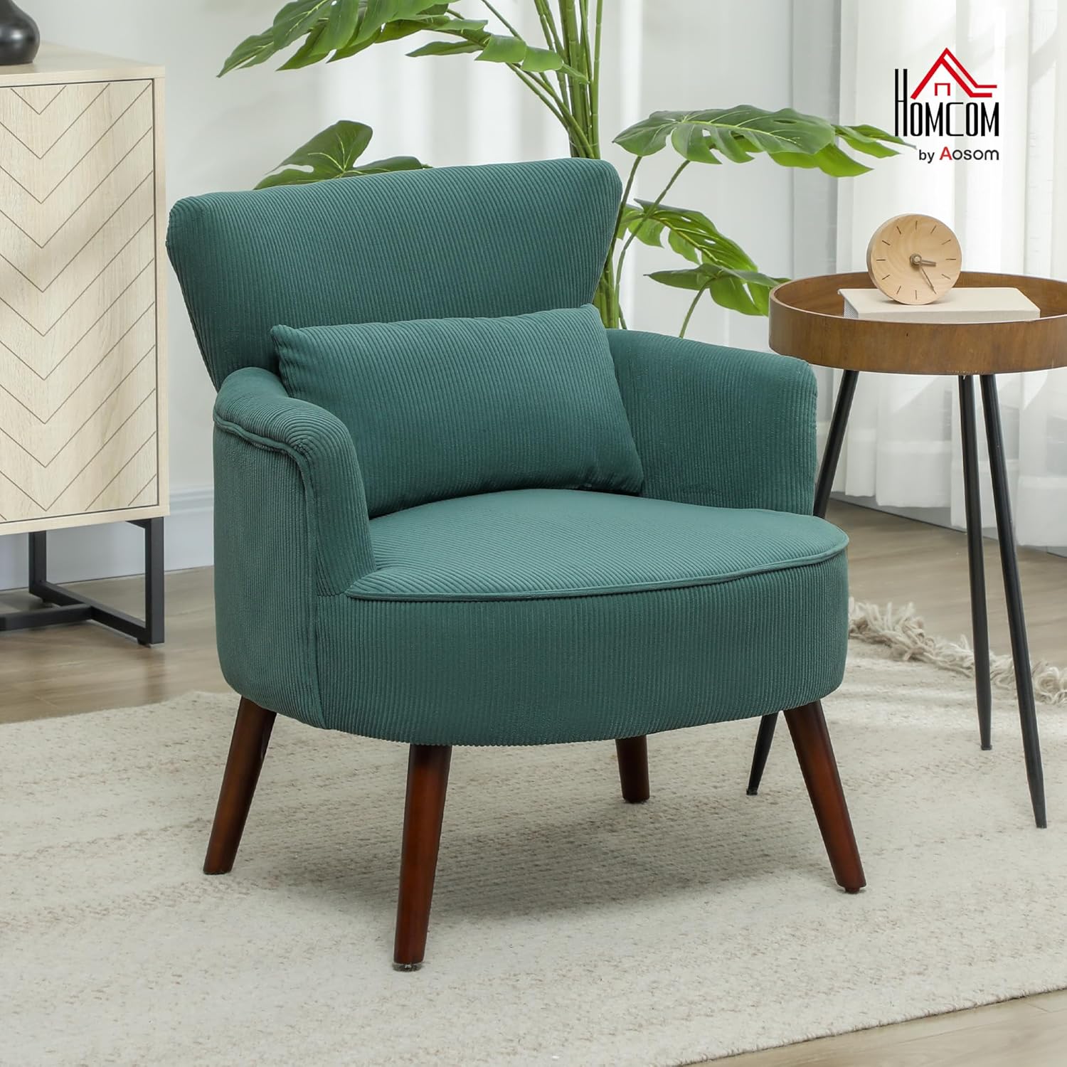 HOMCOM Armrest Lounge Chair Armrests, Upholstered Chair with Cushion, Corduro Armrest Chair Wooden Legs Reading Chair for Living Room, Bedroom, Dark Green - QUORE